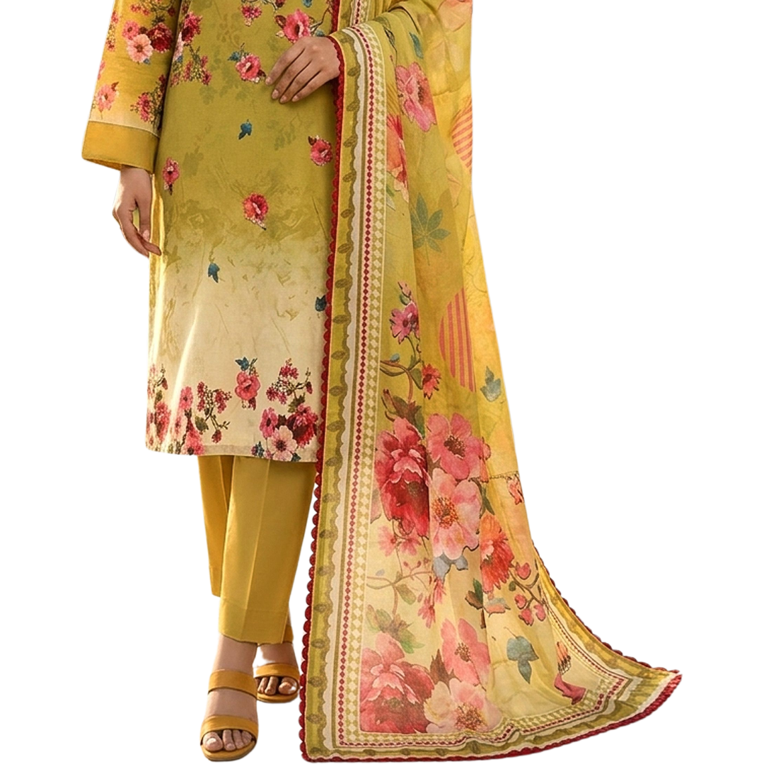Bold & Textured | Olive & Ochre Premium Lawn 3-PC | Digital Bold Print - Design 05